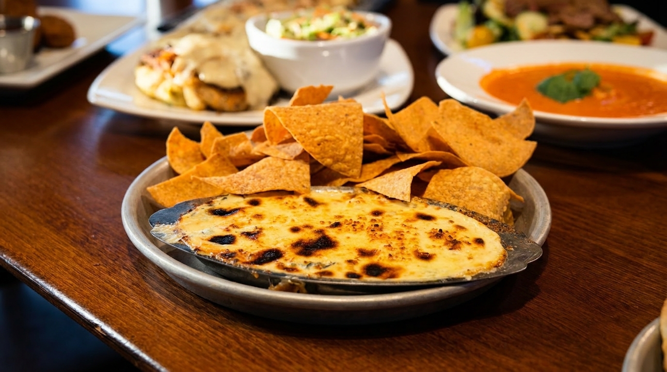 Cheesy baked dip with tortilla chips, alongside other dishes like soup and salad on a wooden table.