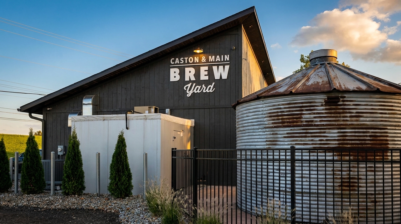 Exterior of Caston & Main Brew Yard, a dark building with a large rusty silo and blue sky.