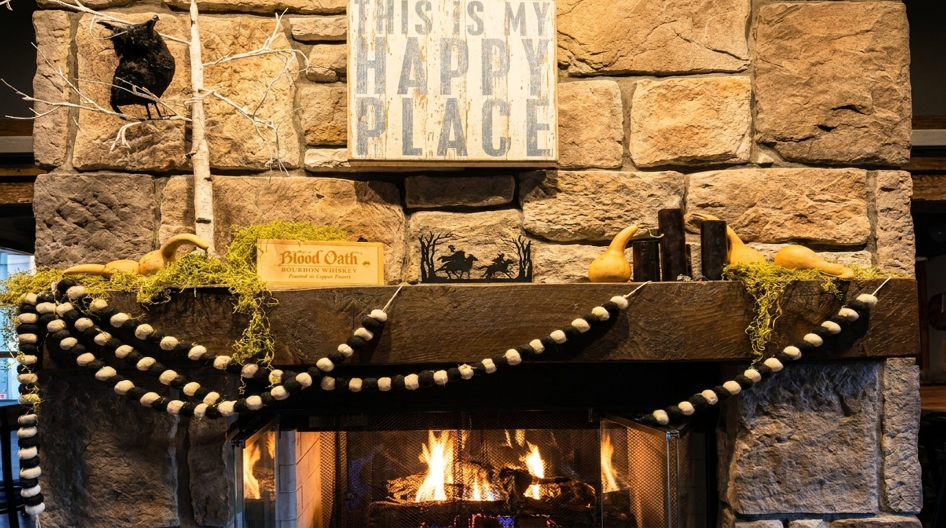 A stone fireplace with a wooden mantel decorated with gourds, moss, and a "This is My Happy Place" sign.