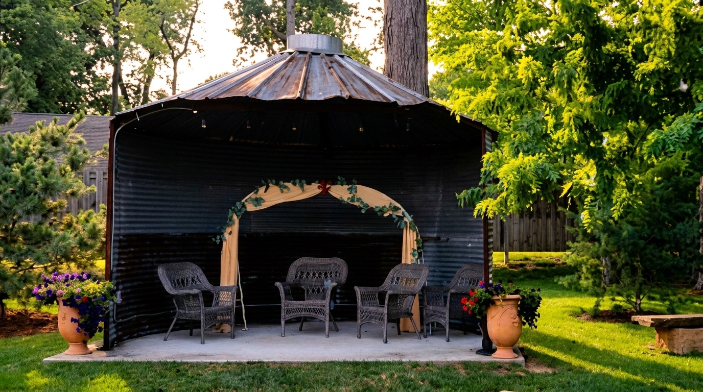 Outdoor seating area with wicker chairs under a rustic metal gazebo, surrounded by lush greenery.