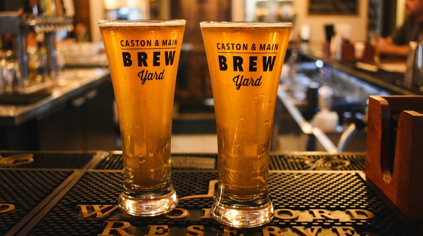 Two Caston & Main Brew Yard beer glasses filled with golden beer on a bar mat.