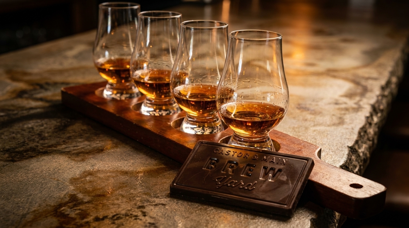 Four whiskey glasses on a wooden flight board with a "Brew Yard" chocolate bar on a stone counter.