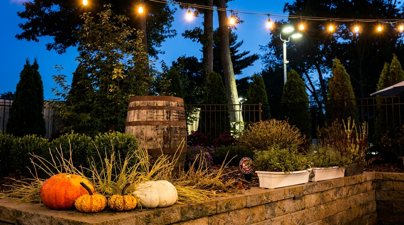 Outdoor patio at dusk with string lights, pumpkins, a barrel, and lush greenery.