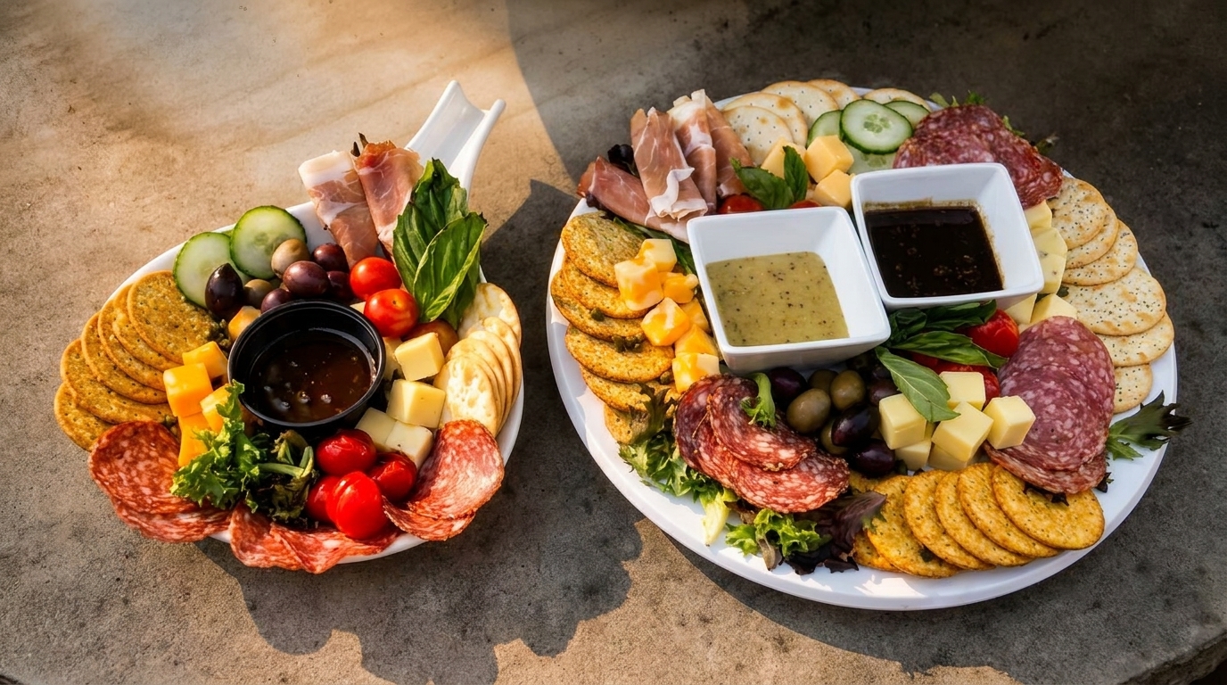 Two charcuterie boards overflowing with meats, cheeses, crackers, olives, tomatoes, and dipping sauces.