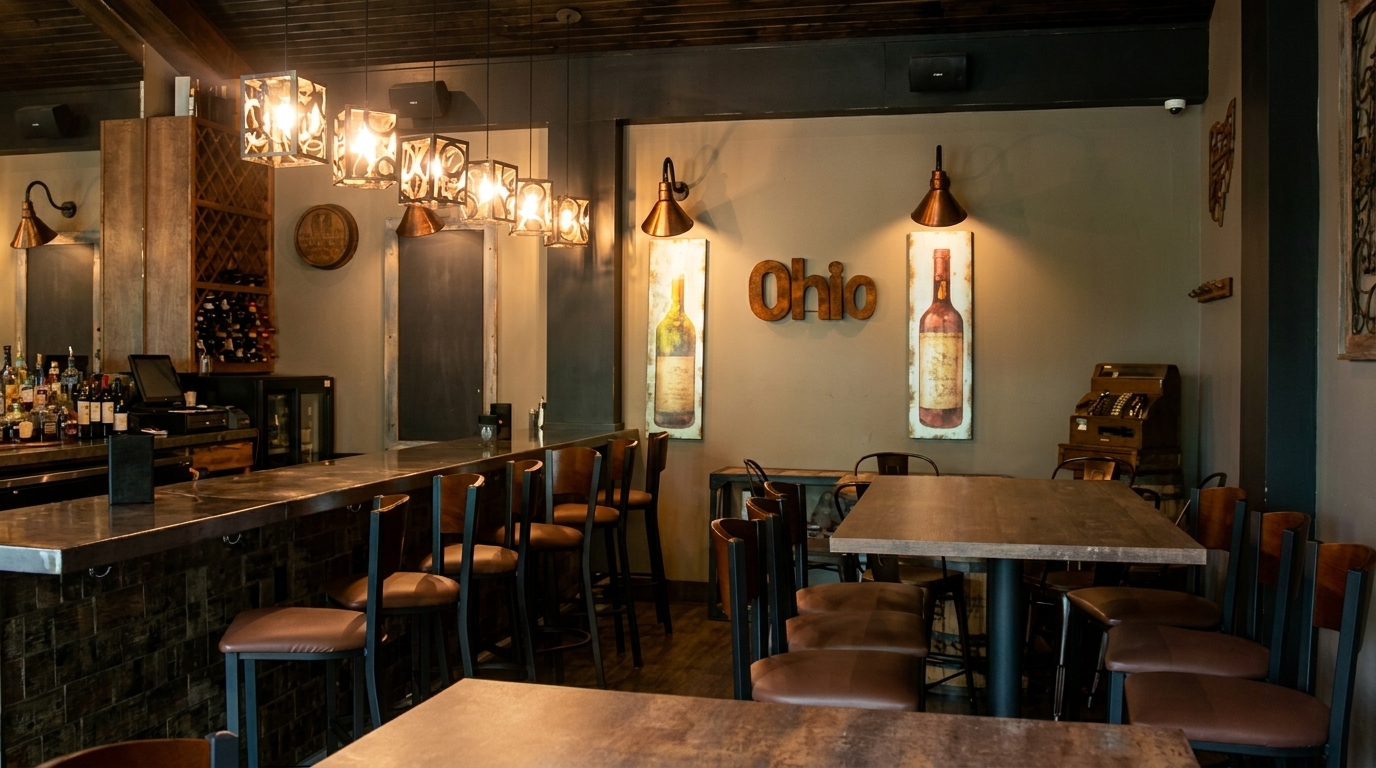 Cozy restaurant interior with a bar, wine rack, wooden tables, and "Ohio" wall decor.