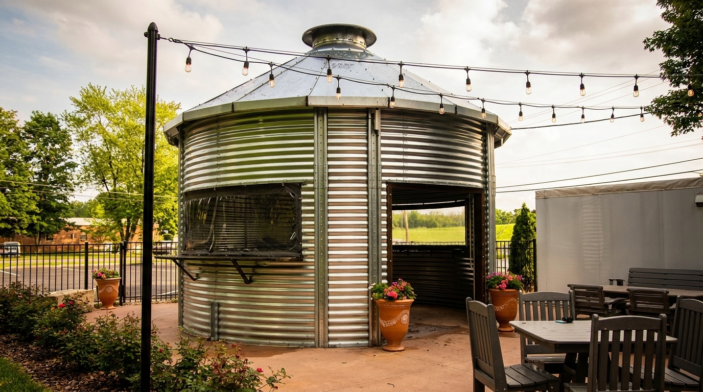 Outdoor patio with tables and chairs next to a corrugated metal silo structure under string lights.