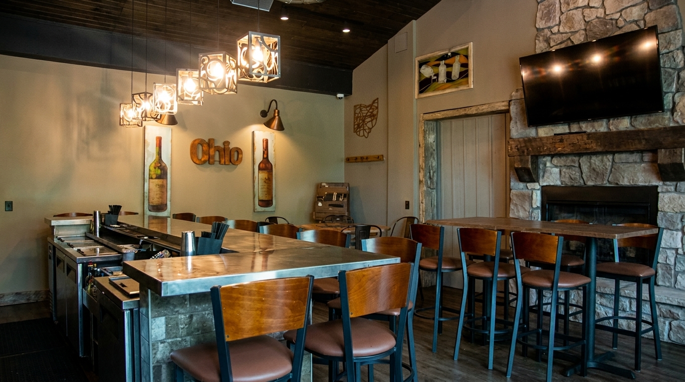 A rustic bar area with high-top tables, bar stools, and a stone fireplace with a TV.