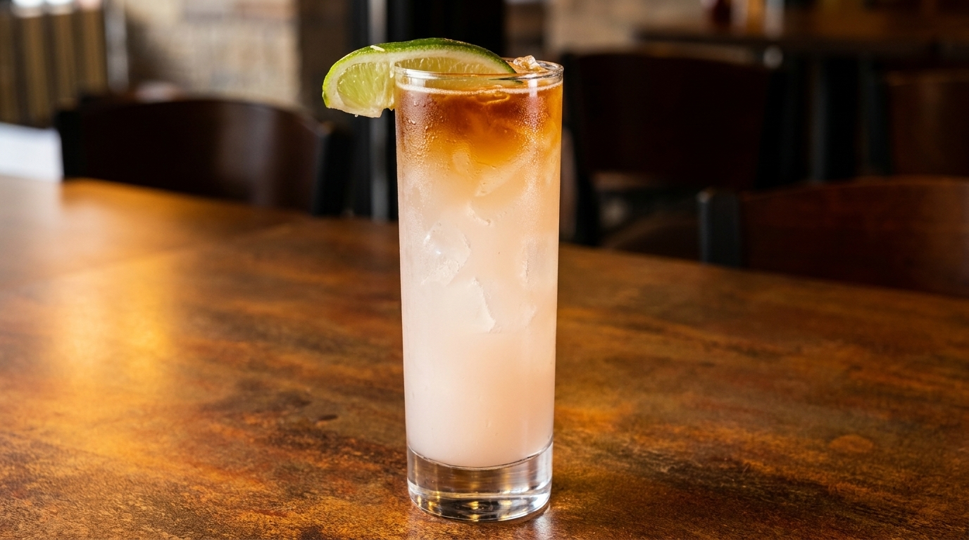 A tall glass of iced cocktail with a lime wedge on a wooden table.