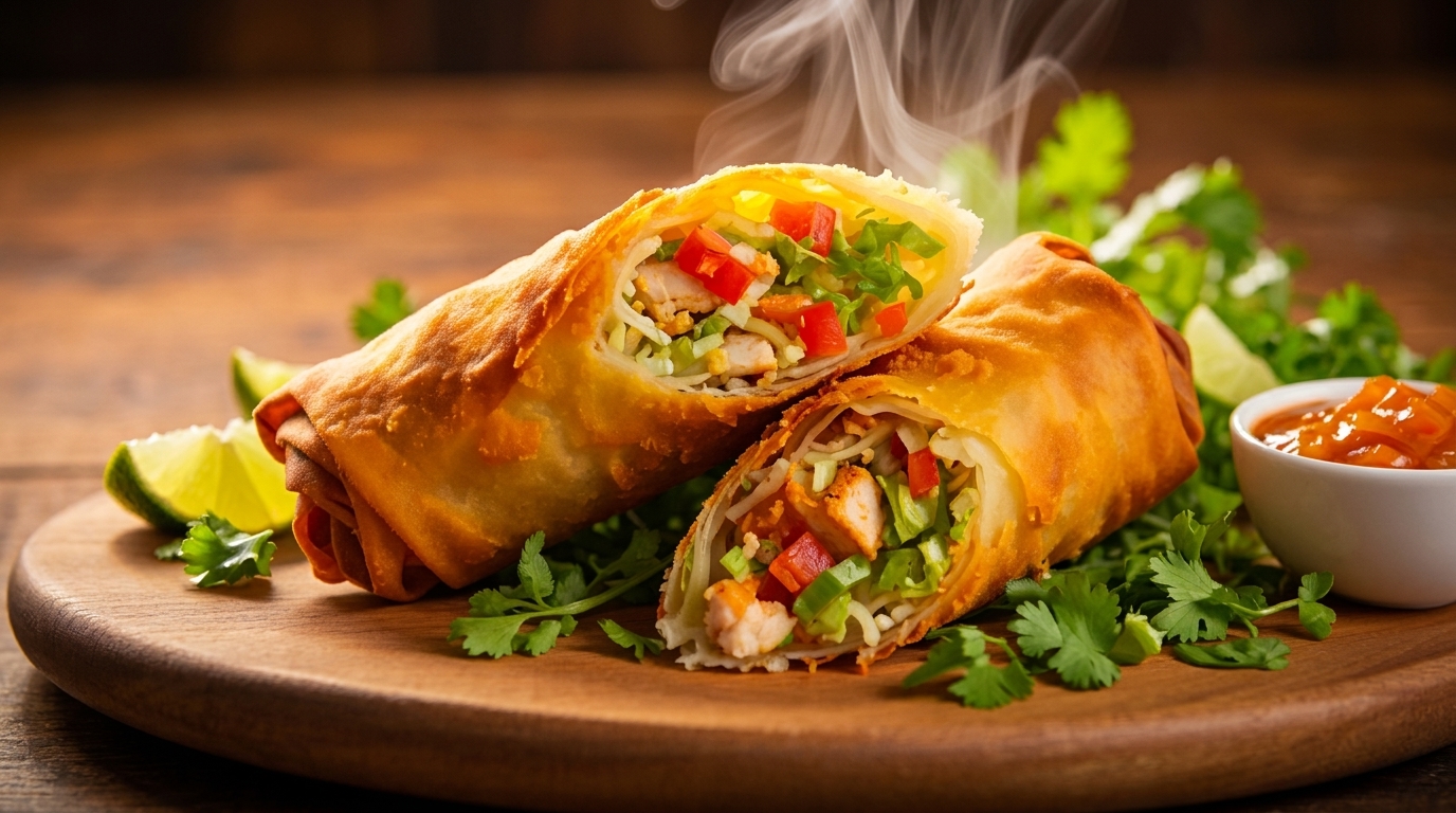 Steaming hot, crispy spring rolls filled with chicken, lettuce, and tomatoes, served with lime and sauce.