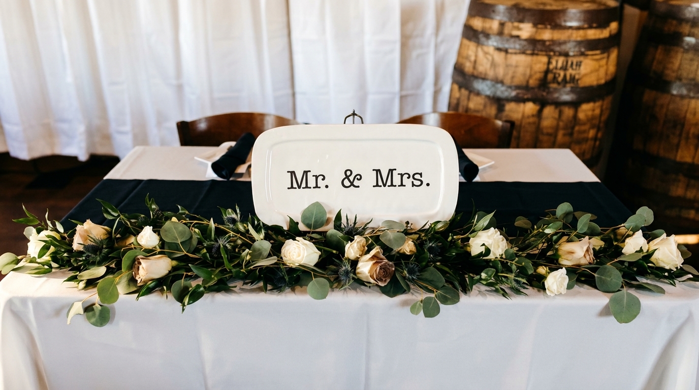 A "Mr. & Mrs." sign on a wedding head table with a floral garland and whiskey barrels.