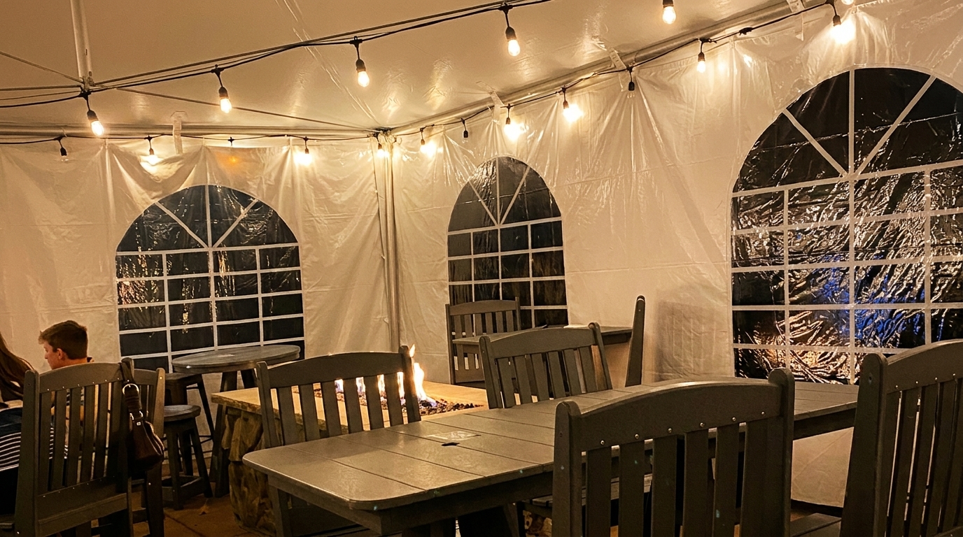 Outdoor dining tent with string lights, tables, chairs, and a fire pit, with a person seated.
