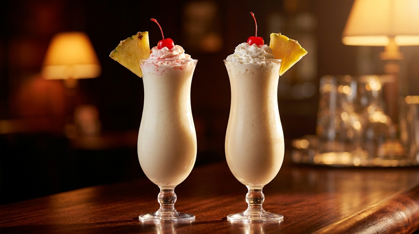 Two pina coladas with whipped cream, cherries, and pineapple wedges on a dark wooden bar.