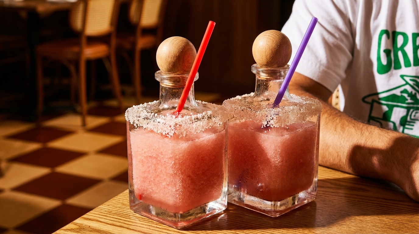 Two square glass bottles with pink frozen drinks, salt rims, and colorful straws on a wooden table.