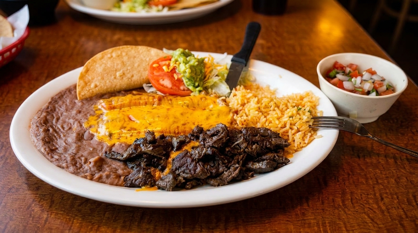 A Mexican combination plate with steak, enchiladas, refried beans, rice, and a taco.
