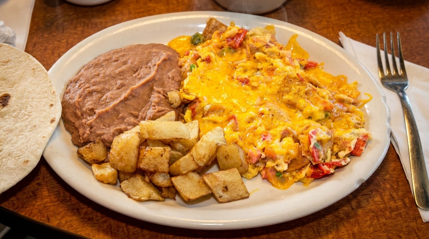 A breakfast plate with cheesy scrambled eggs, refried beans, home fries, and a tortilla.