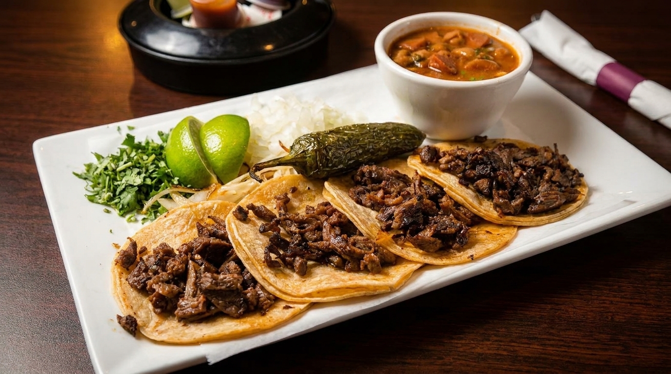 Four street tacos with meat, cilantro, lime, grilled jalapeño, and a side of soup.