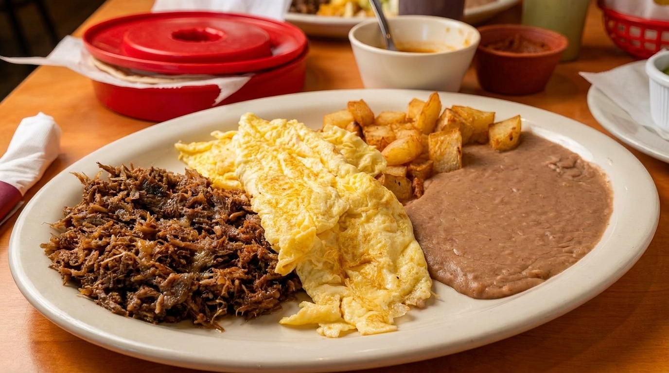 A breakfast plate with shredded beef, scrambled eggs, home fries, and refried beans.