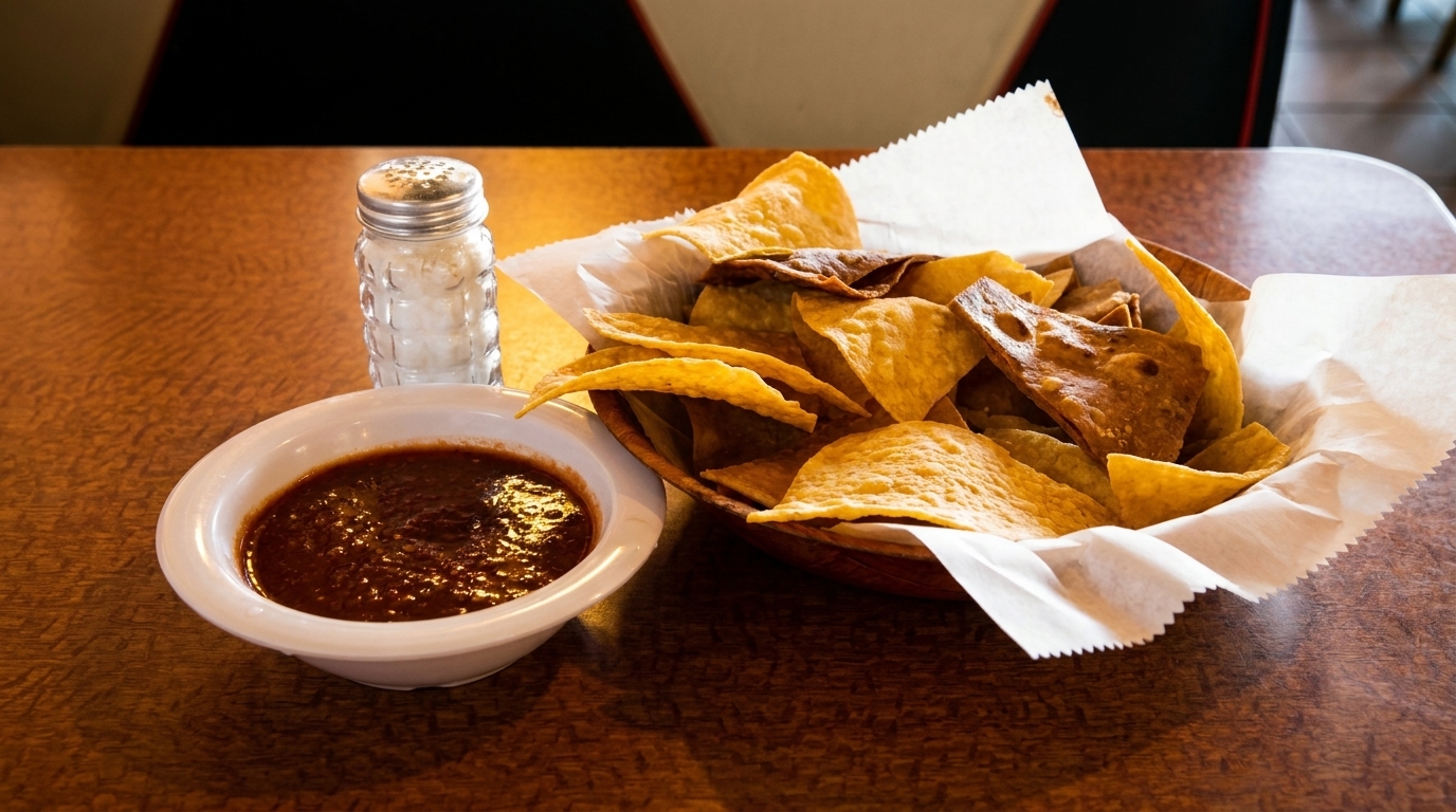 A basket of tortilla chips with a side of salsa and a salt shaker on a wooden table.