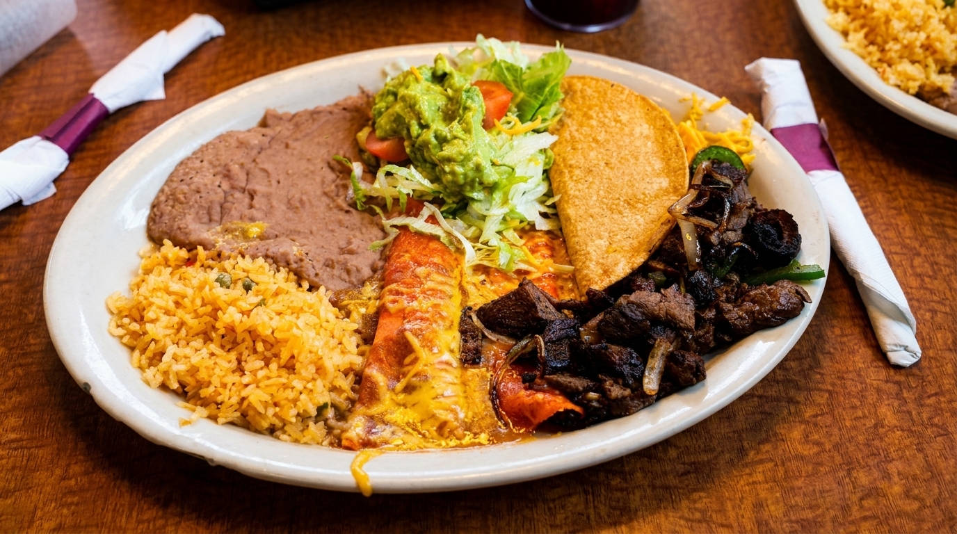 A large plate of Mexican food with rice, beans, enchilada, taco, guacamole, and fajita meat.