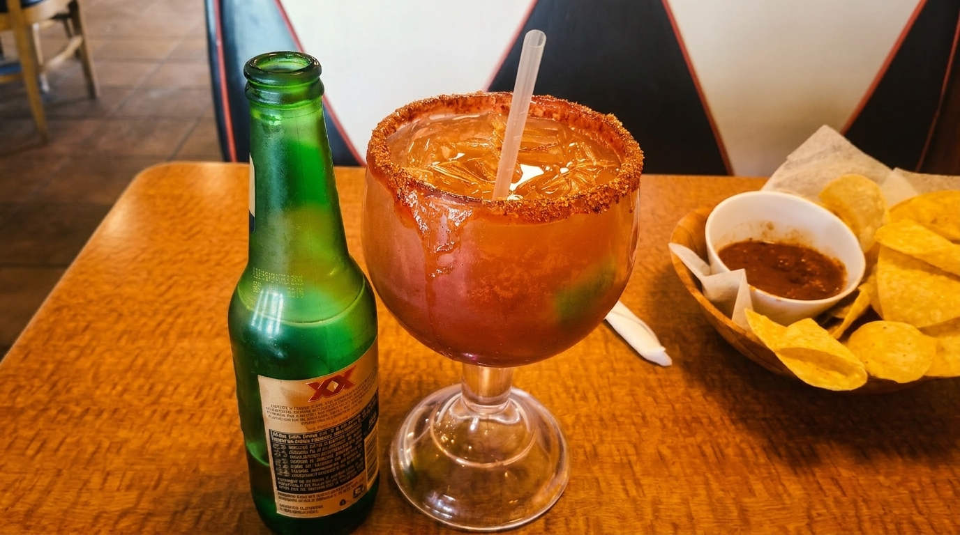 A Michelada, beer bottle, and a basket of chips with salsa on a wooden table.