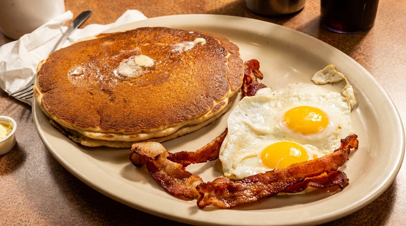 A breakfast plate with a stack of pancakes, two fried eggs, and crispy bacon strips.