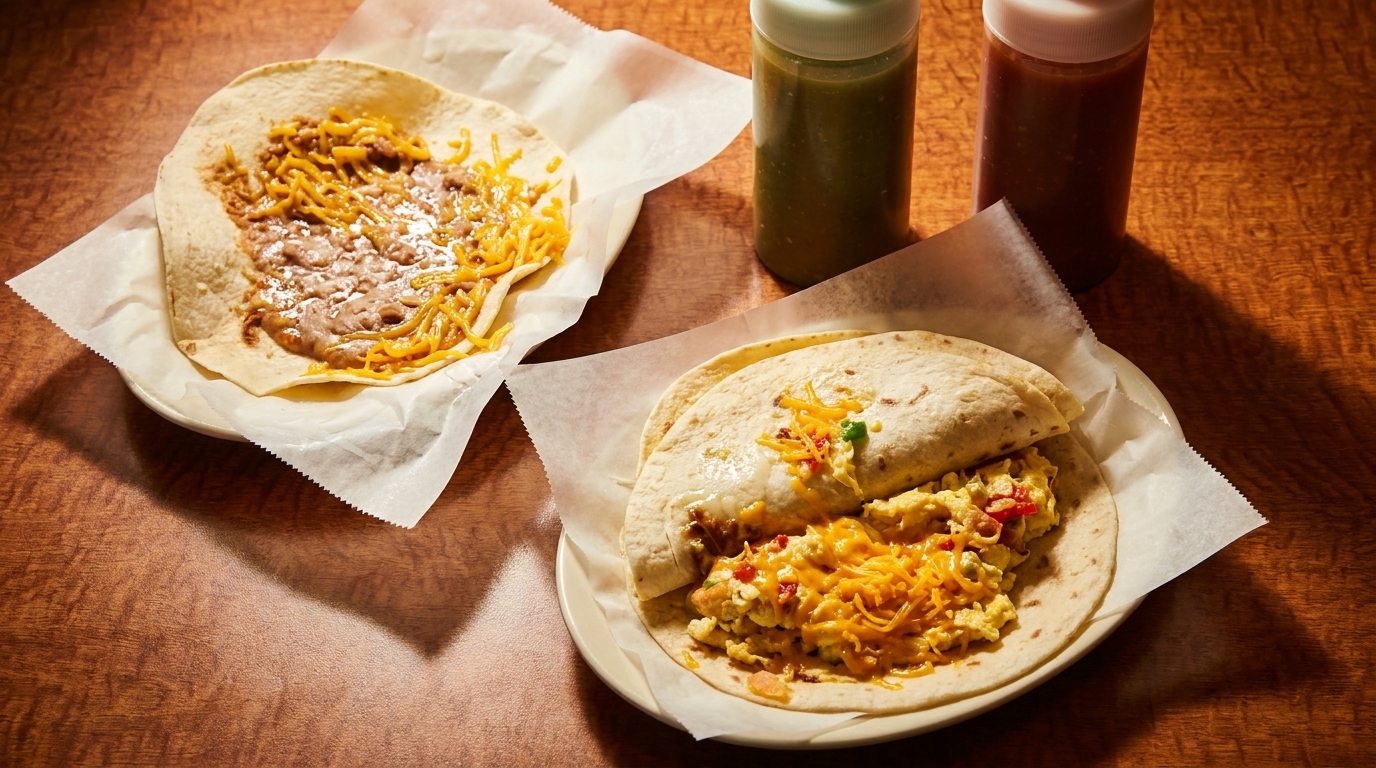 Two breakfast tacos, one with beans and cheese, the other with scrambled eggs, cheese, and salsa.