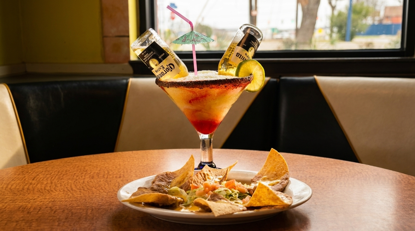 A large margarita with two inverted Corona bottles and a plate of nachos on a wooden table.