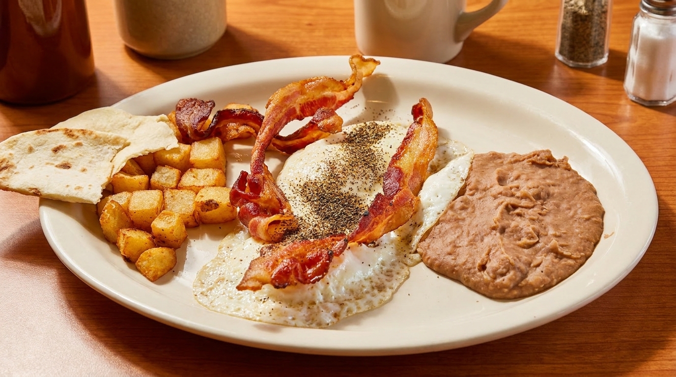 Breakfast plate with fried eggs, crispy bacon, home fries, refried beans, and tortillas on a wooden table.