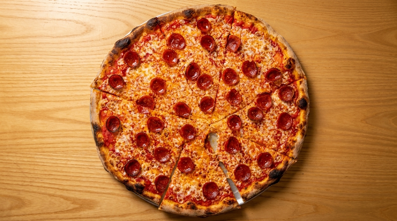 A whole pepperoni pizza with one slice removed, on a light wooden table.