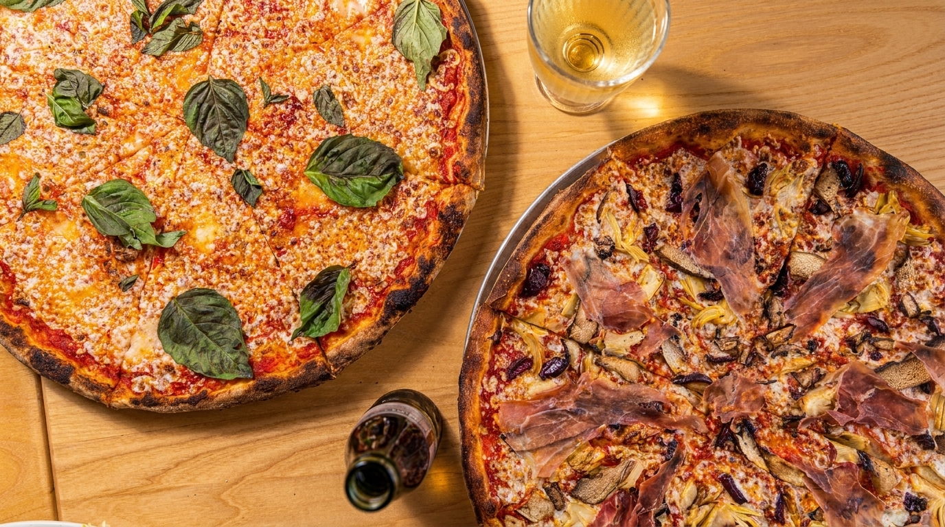 Two pizzas, one Margherita and one with prosciutto, artichokes, and olives, on a wooden table.