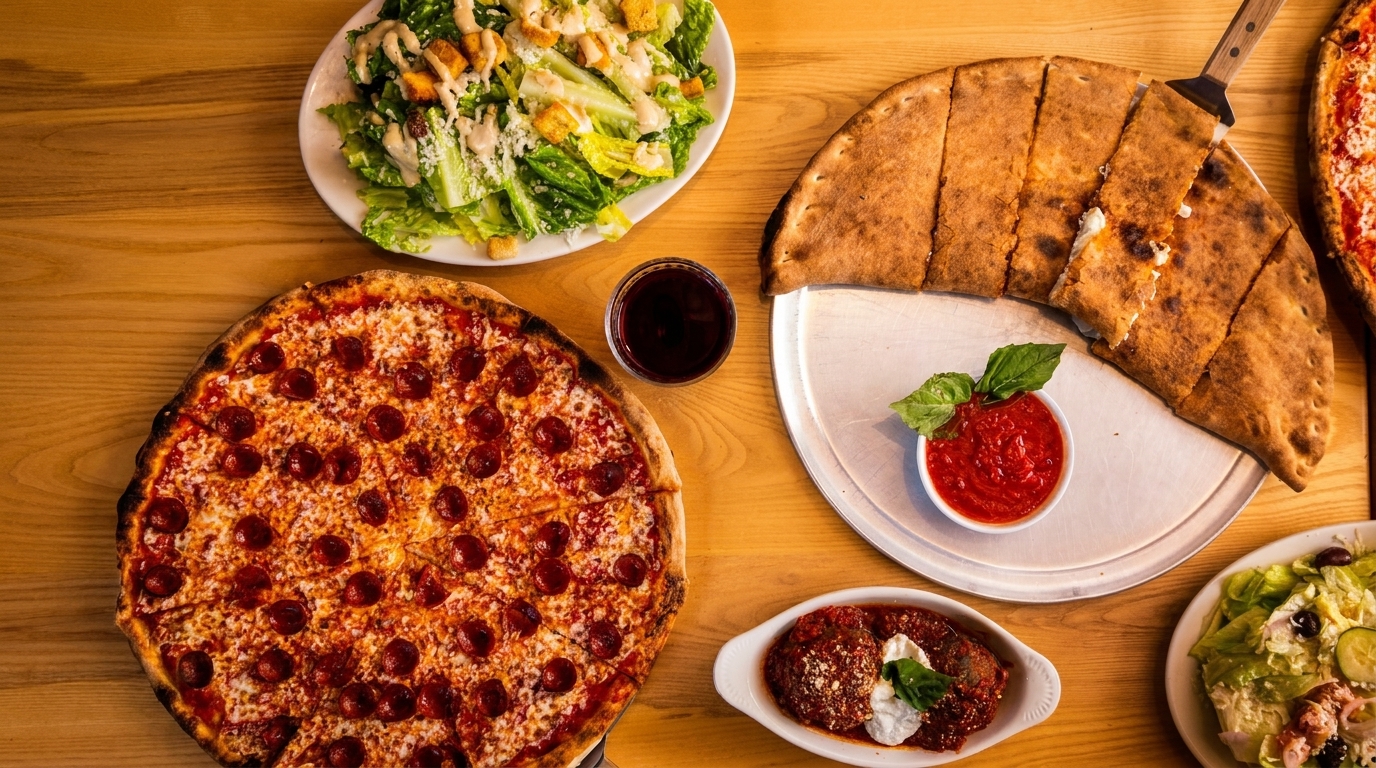 Table spread with pepperoni pizza, calzone, Caesar salad, meatballs, and a drink.