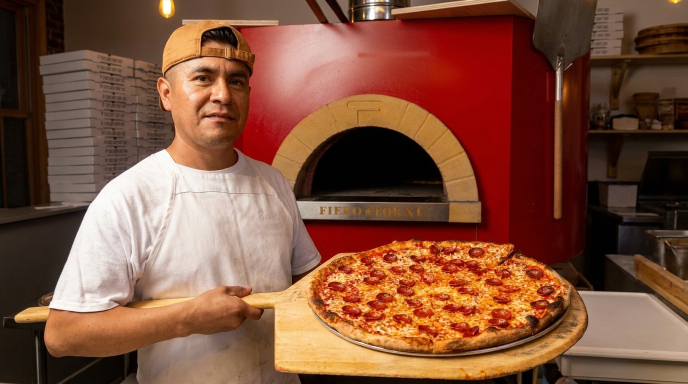 Chef holding a pepperoni pizza on a wooden peel in front of a red brick oven.