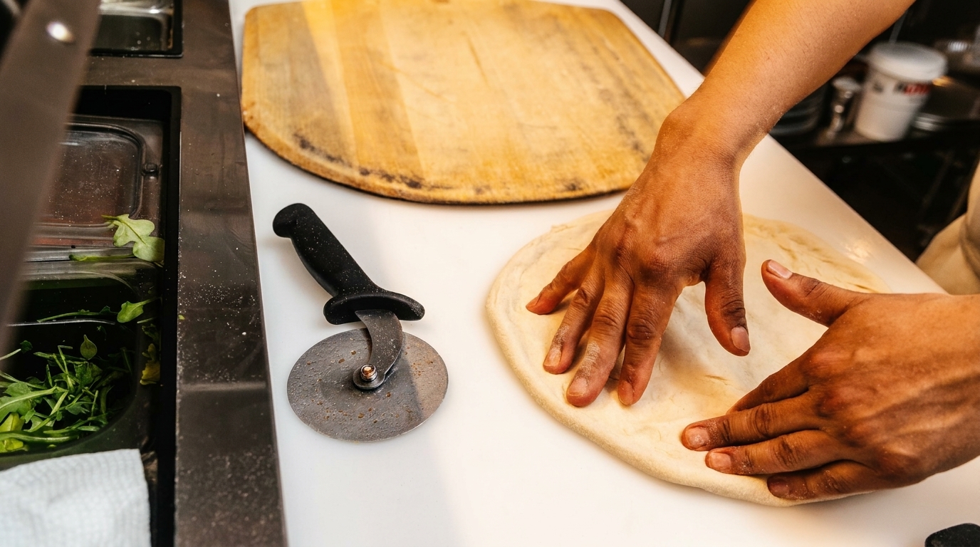 Hands stretching pizza dough on a white counter next to a pizza cutter and fresh greens.