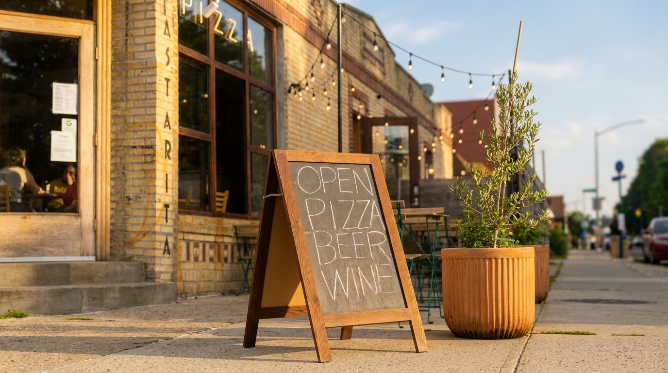 Chalkboard sign on a sunny sidewalk outside a brick restaurant with string lights and outdoor seating.