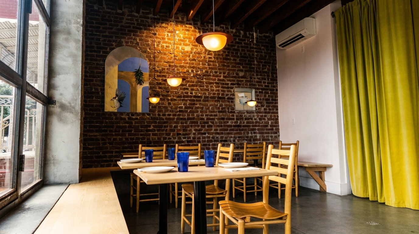 Restaurant interior with brick walls, wooden tables and chairs, bright yellow curtains, and large windows.