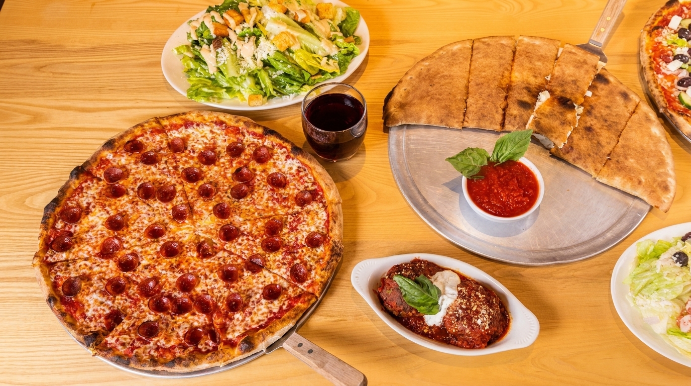 A pepperoni pizza, calzone, meatballs, Caesar salad, and Greek salad on a wooden table.
