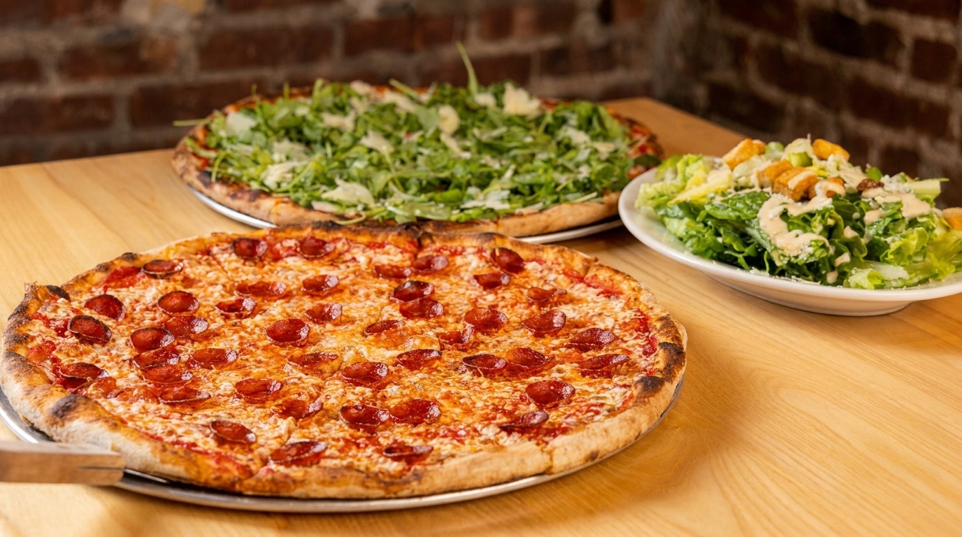 Two pizzas, one pepperoni and one with arugula, alongside a Caesar salad on a wooden table.
