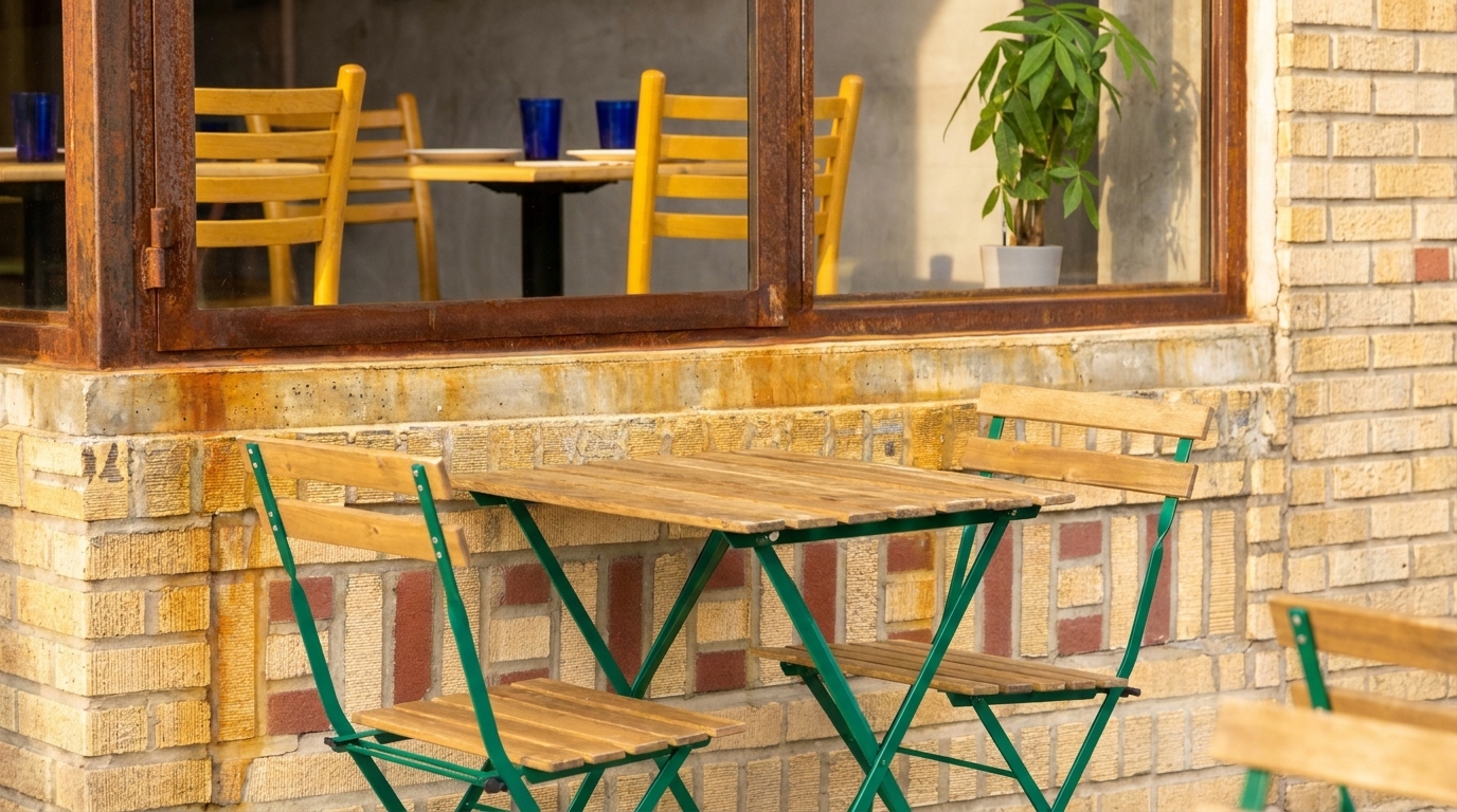 Outdoor seating with green and wood chairs and table next to a brick wall and window.