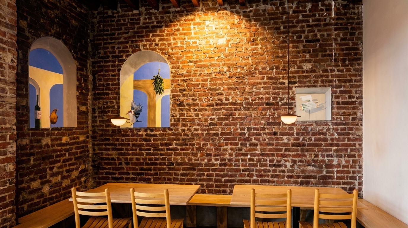 A cozy restaurant corner with brick walls, wooden tables, chairs, and whimsical window murals.