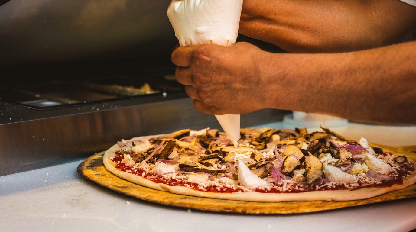 Hands squeezing a piping bag of cheese onto a pizza with mushrooms and red onions.