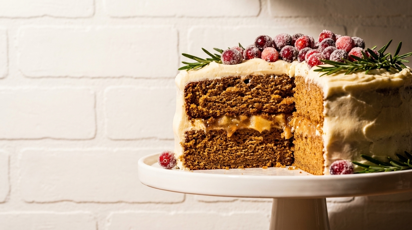 Gingerbread cake with cream cheese frosting, sugared cranberries, and rosemary on a white stand.