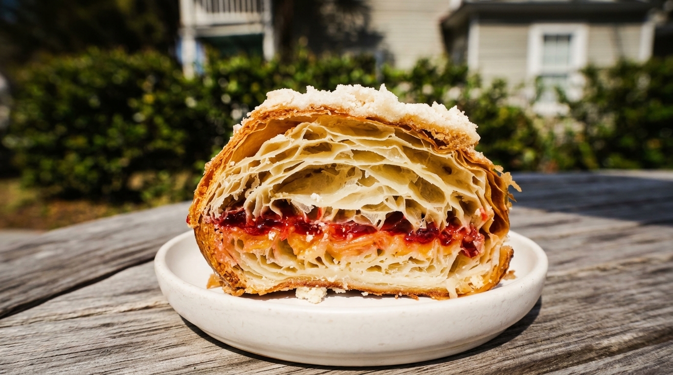 Cross-section of a flaky pastry filled with red jam and cream, on a white plate outdoors.