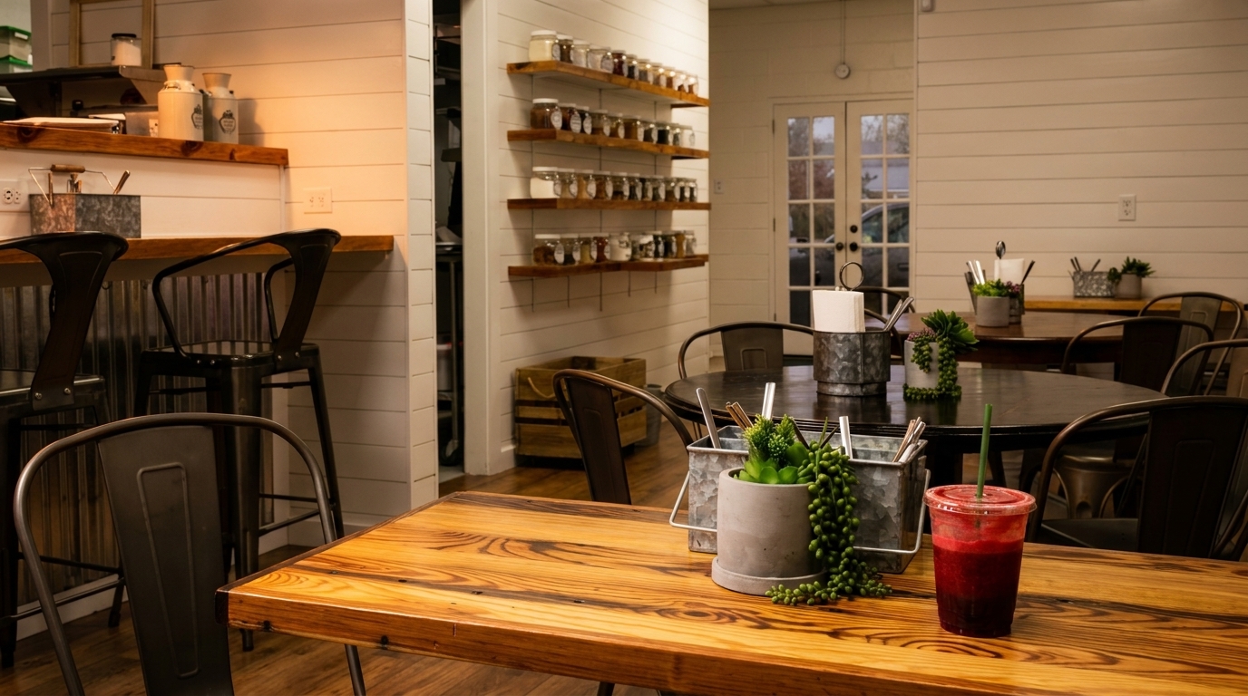 A rustic-chic cafe interior with wooden tables, metal chairs, and shelves of spices.