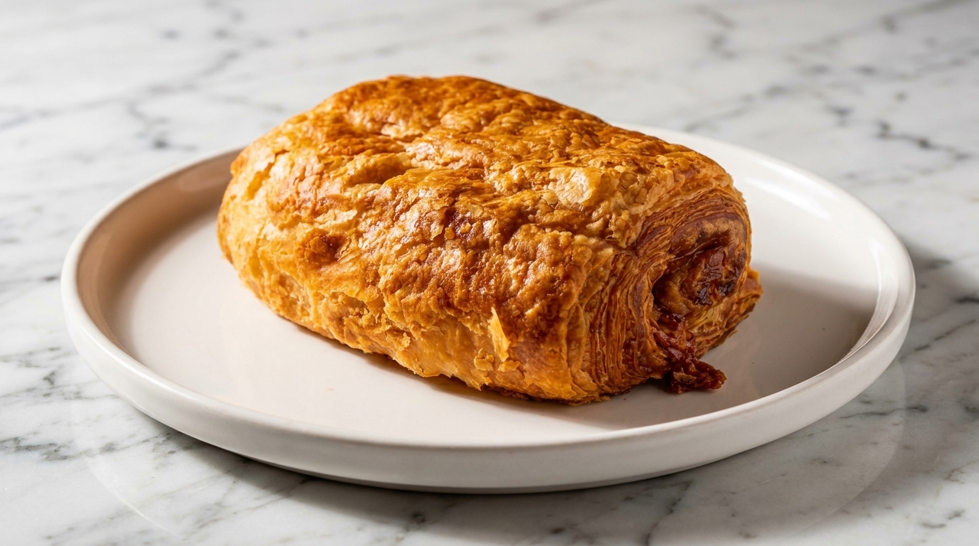 Golden-brown pain au chocolat on a white plate, set against a marble background.
