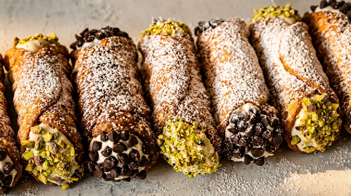 A row of cannoli dusted with powdered sugar, some with chocolate chips, others with pistachios.