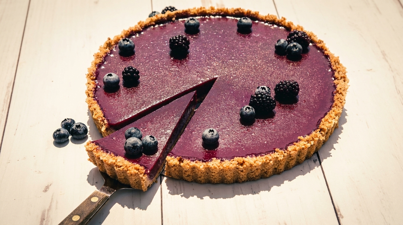 A berry tart with a slice removed, garnished with blueberries and blackberries on a white wooden table.