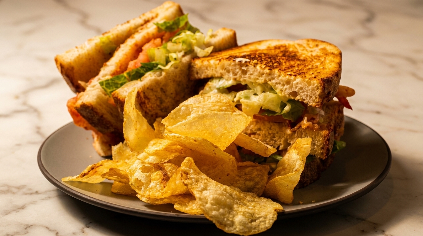 Toasted sandwich with lettuce and tomato, served with a side of golden potato chips on a plate.
