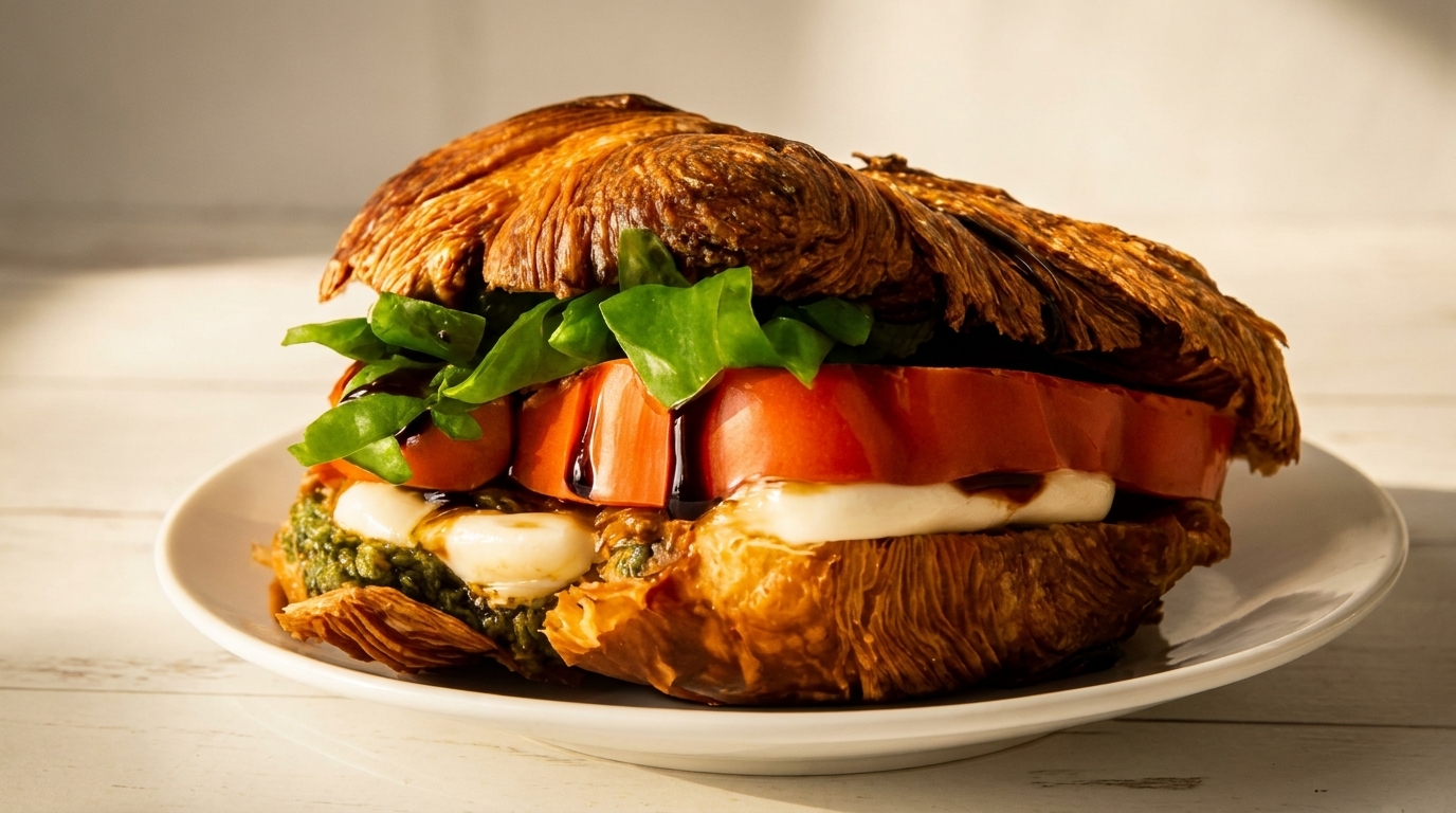 Croissant sandwich with pesto, mozzarella, tomato, and basil, drizzled with balsamic glaze.
