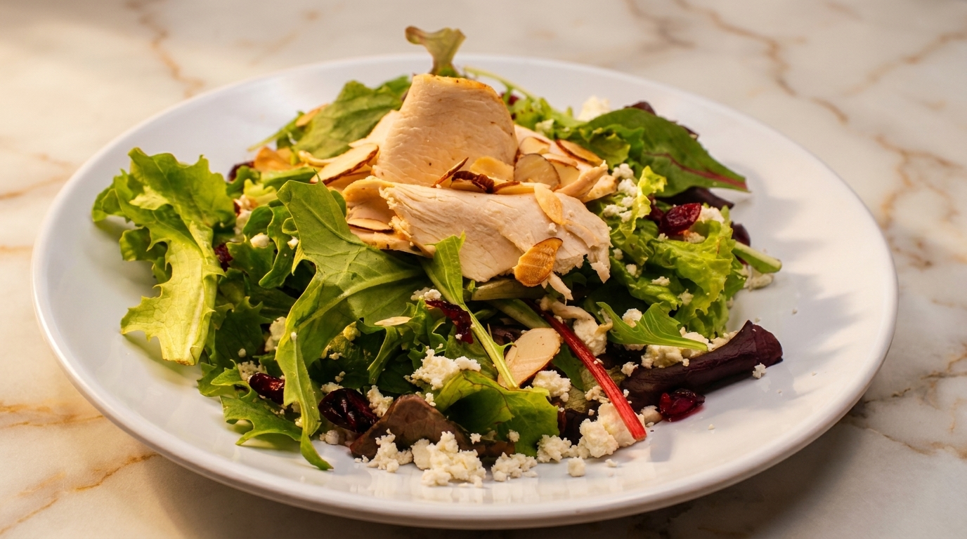 A vibrant salad with sliced chicken, mixed greens, cranberries, feta cheese, and almonds on a white plate.