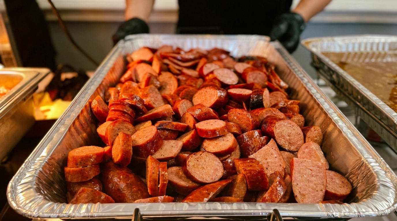 A large foil pan filled with sliced, grilled sausages, ready to be served.